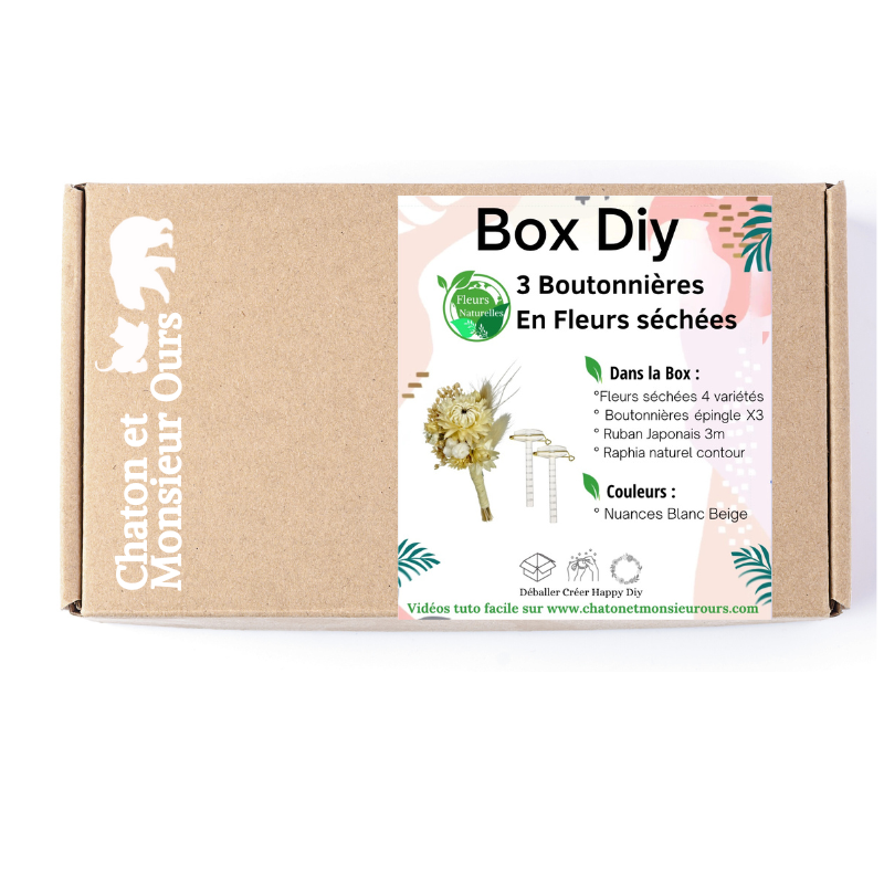 BOX DIY, Dried flower buttonholes, Creative leisure, EVJF, White beige, easy tutorial video
