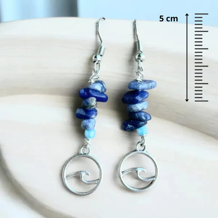 Boucles d'Oreilles, Pierres naturelles Lapis Lazuli et vague, cadeaux, pour oreilles percées